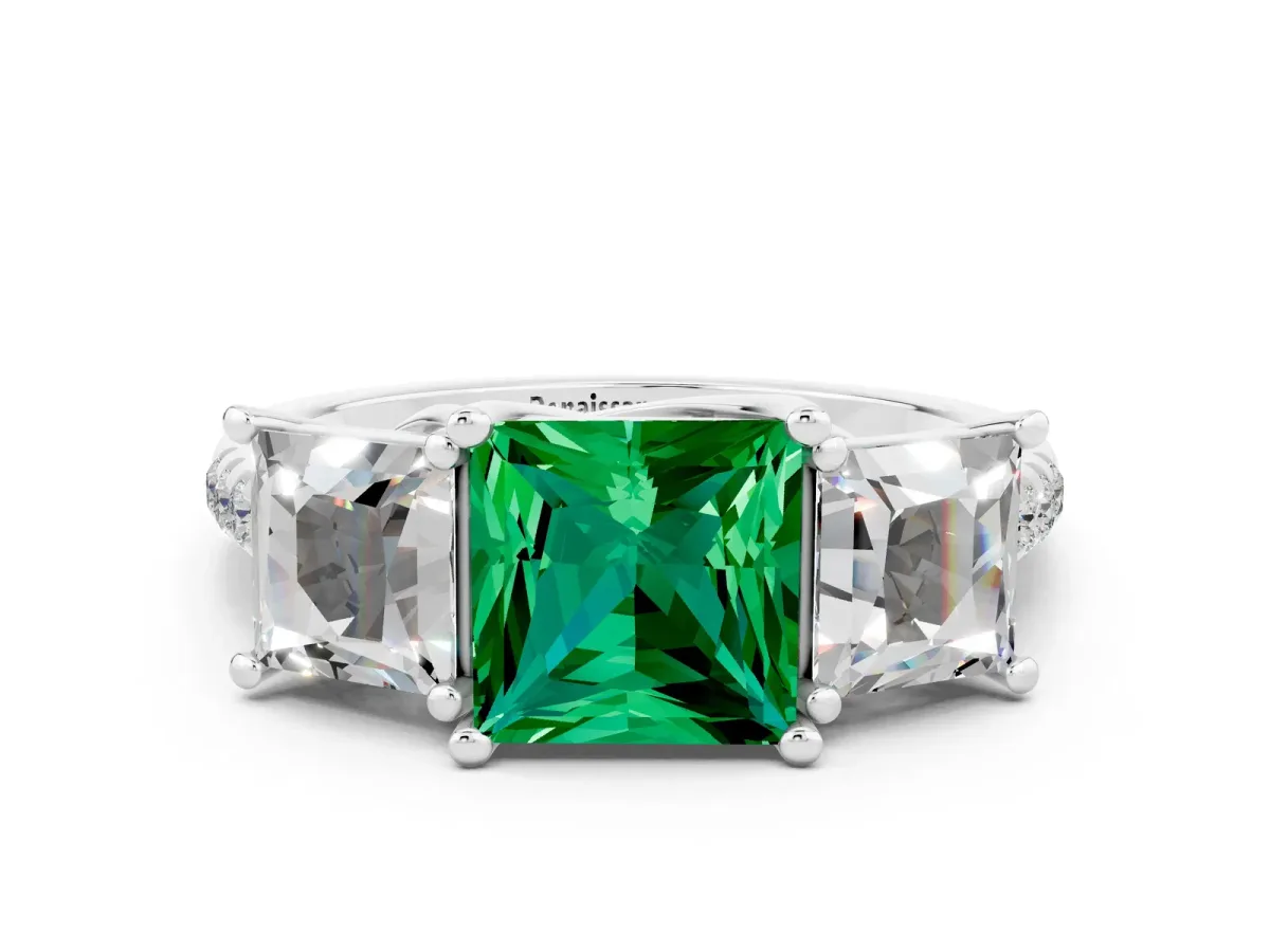Three-Stone Princess Cut Emerald Ring with Round Pavé Band and Prong Setting Platinum