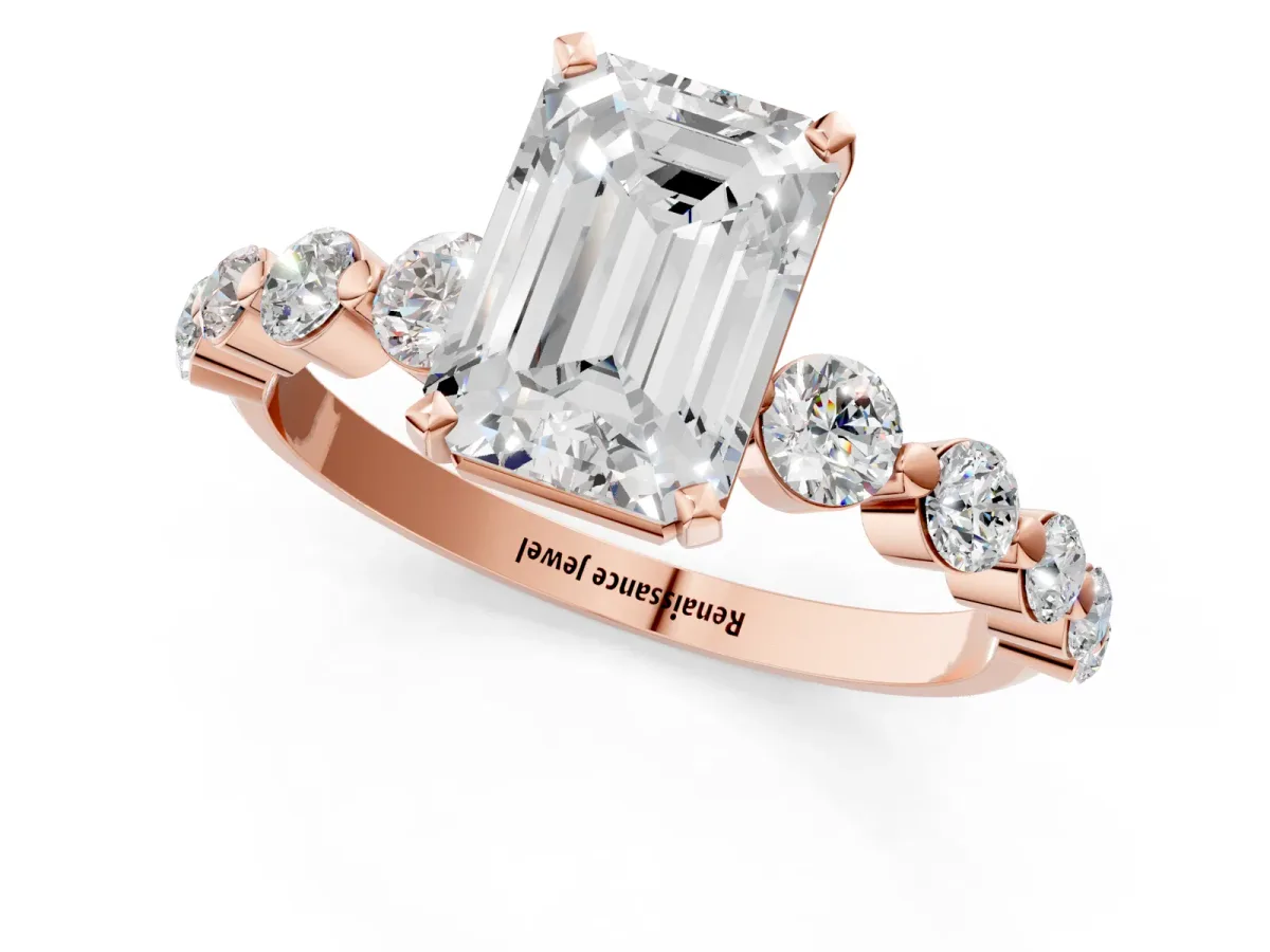 Emerald Cut Solitaire Diamond Ring with Pave Band and Four-Prong Setting Rose gold