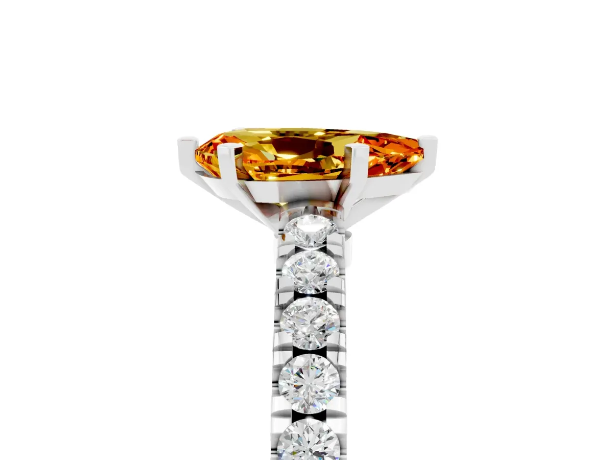 Pear Cut Solitaire Citrine with Pavé Band and Four-Prong Setting Silver