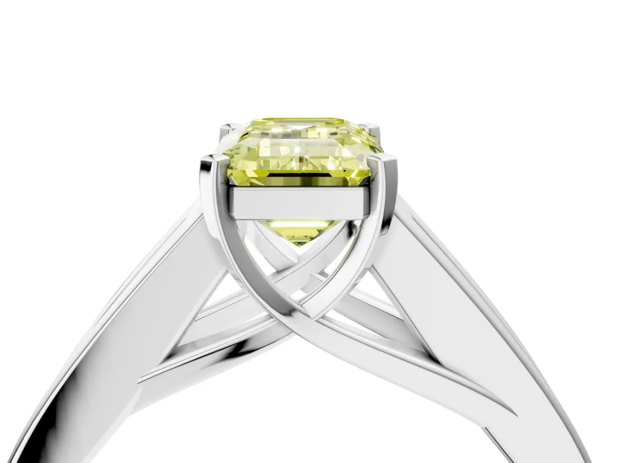 Fancy Yellow Emerald Cut Cut Channel Set Solitaire Ring with Four-Prong Setting Silver