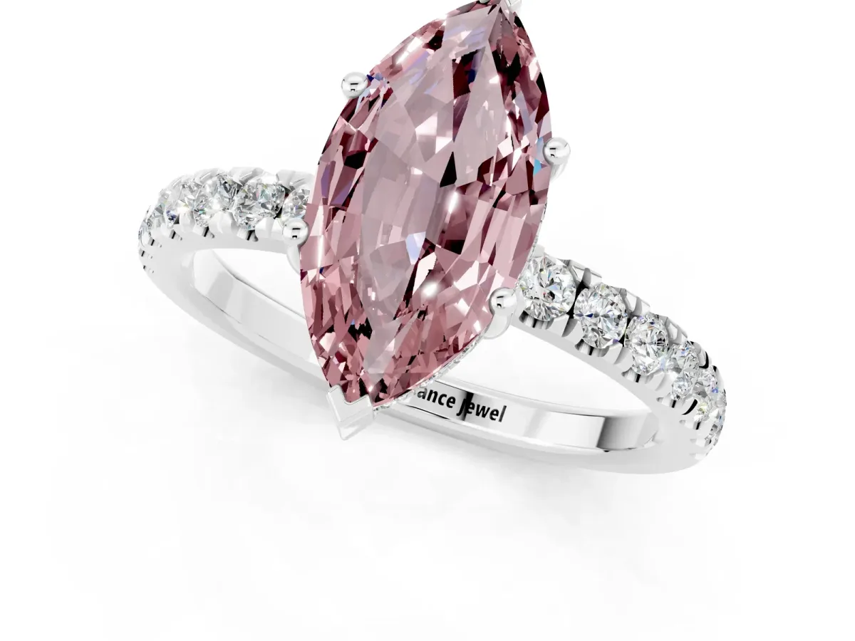 Marquise Cut Morganite Pave Band Solitaire Ring with Round and Prong Setting Silver