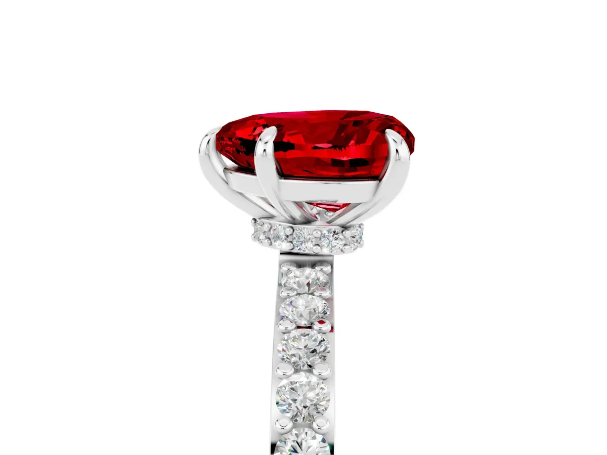 Heart Cut Ruby Pavé Engagement Ring with Round Accents and Prong Setting Silver
