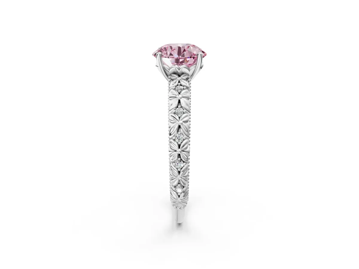 Fancy Pink Round Cut Solitaire Floral Milgrain Engagement Ring Silver
