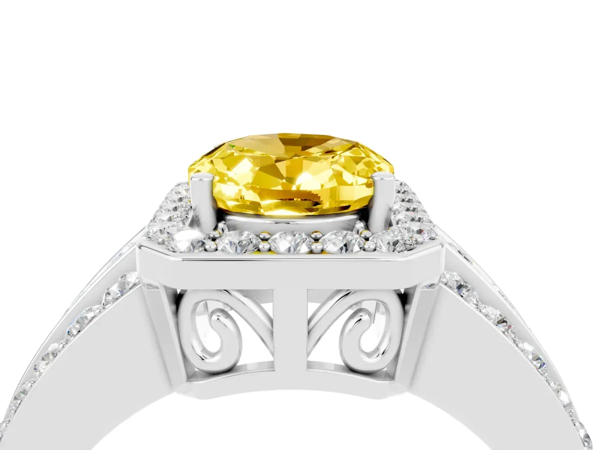 Oval Cut Halo Yellow Sapphire Ring with Round Split Shank and Prong Setting Silver