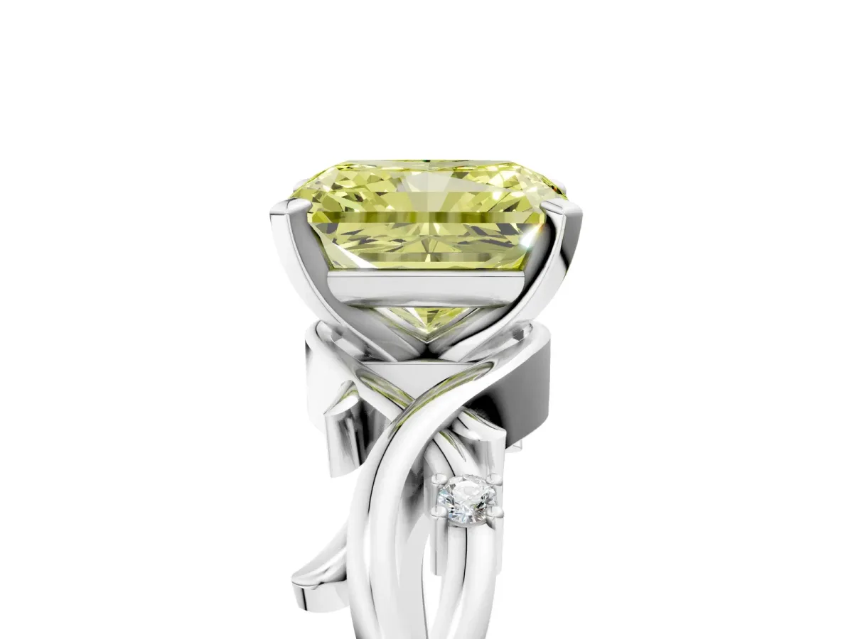 Fancy Yellow Radiant Cut Diamond Solitaire Ring with Twisted Band and Prong Setting Silver