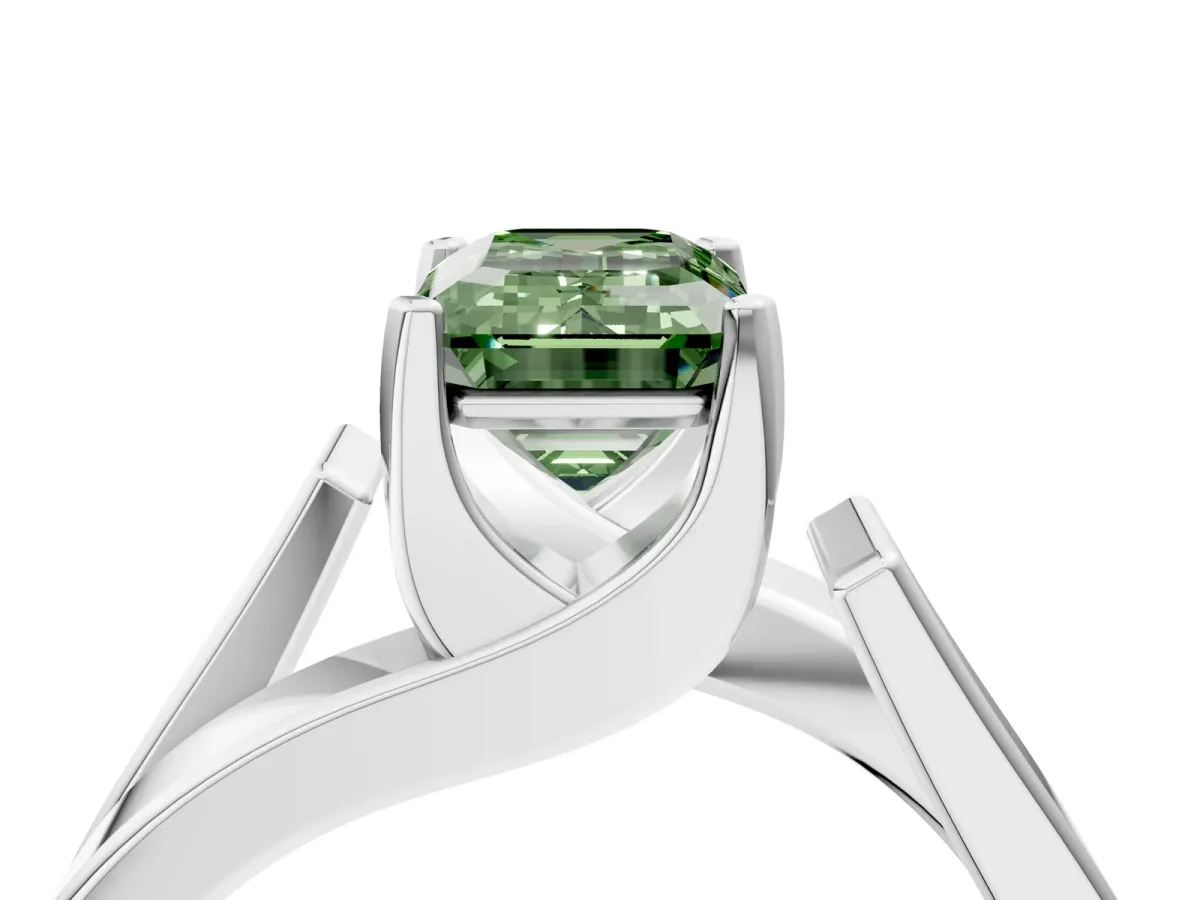 Fancy Green Modern Tension Set Emerald Cut Diamond Solitaire Wide Band Ring Platinum