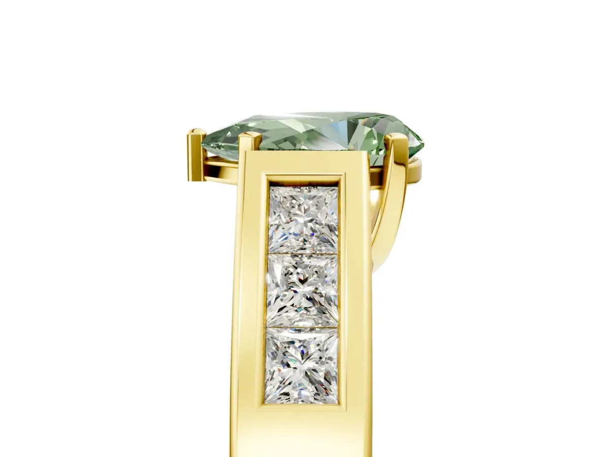 Fancy Green Pear Cut Cut Channel Set Solitaire Ring with Four-Prong Setting Yellow gold