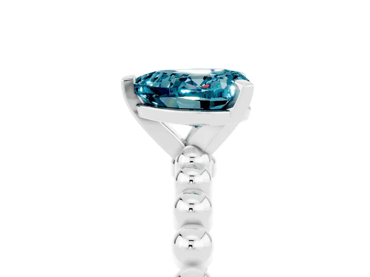Heart Cut Blue Topaz Solitaire Ring with Beaded Band and Prong Setting Silver
