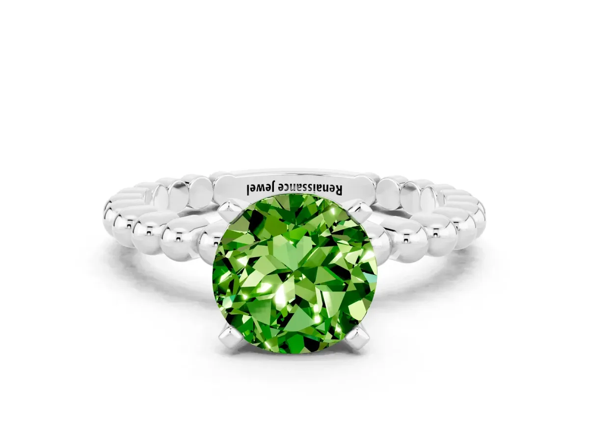 Round Cut Peridot Solitaire Ring with Beaded Band and Prong Setting Silver