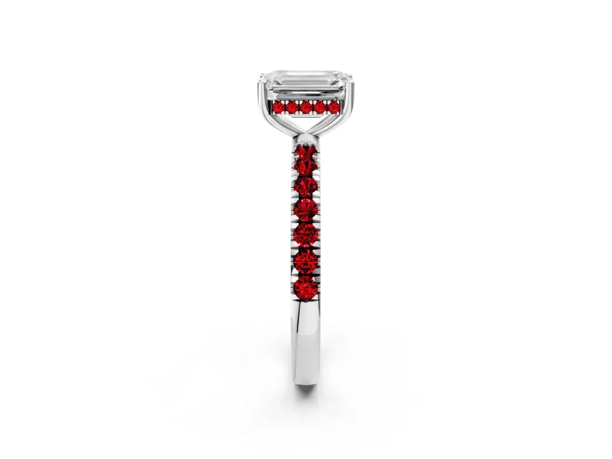 Emerald Cut Diamond Pave Band Solitaire Ring with Round Ruby and Prong Setting White gold