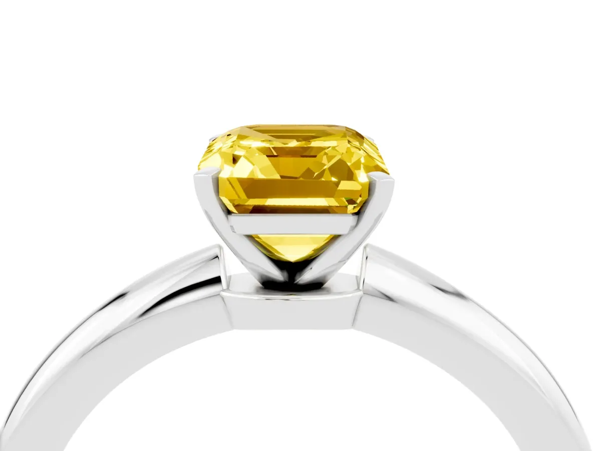 Emerald Cut Yellow Sapphire Solitaire Ring with Six-Prong Setting and Classic Band Silver