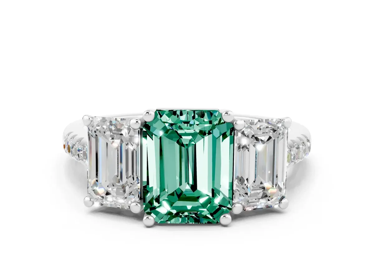 Three-Stone Emerald Cut Green Sapphire Ring with Round Pavé Band and Prong Setting Silver