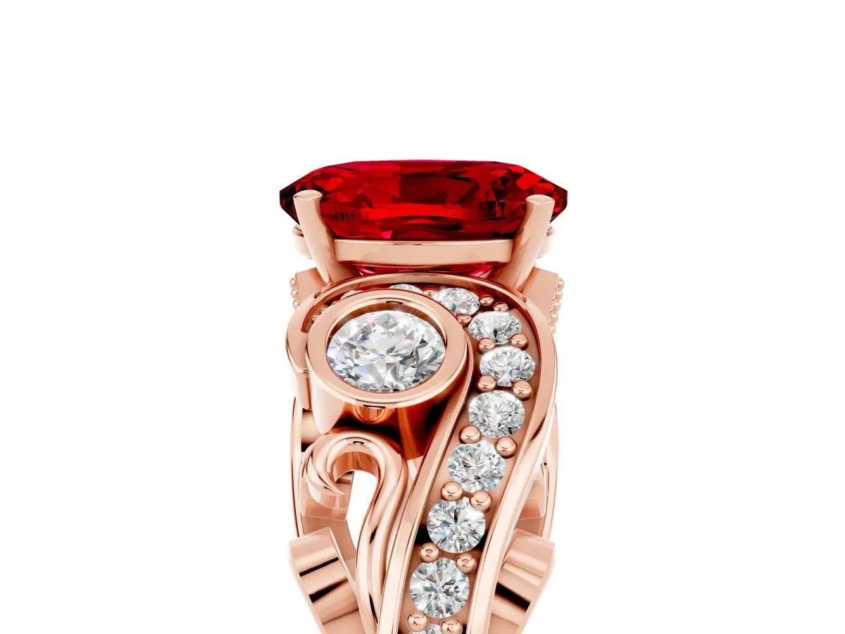 Oval Cut Ruby Solitaire Ring with Milgrain Pavé Band and Four-Prong Setting Rose gold