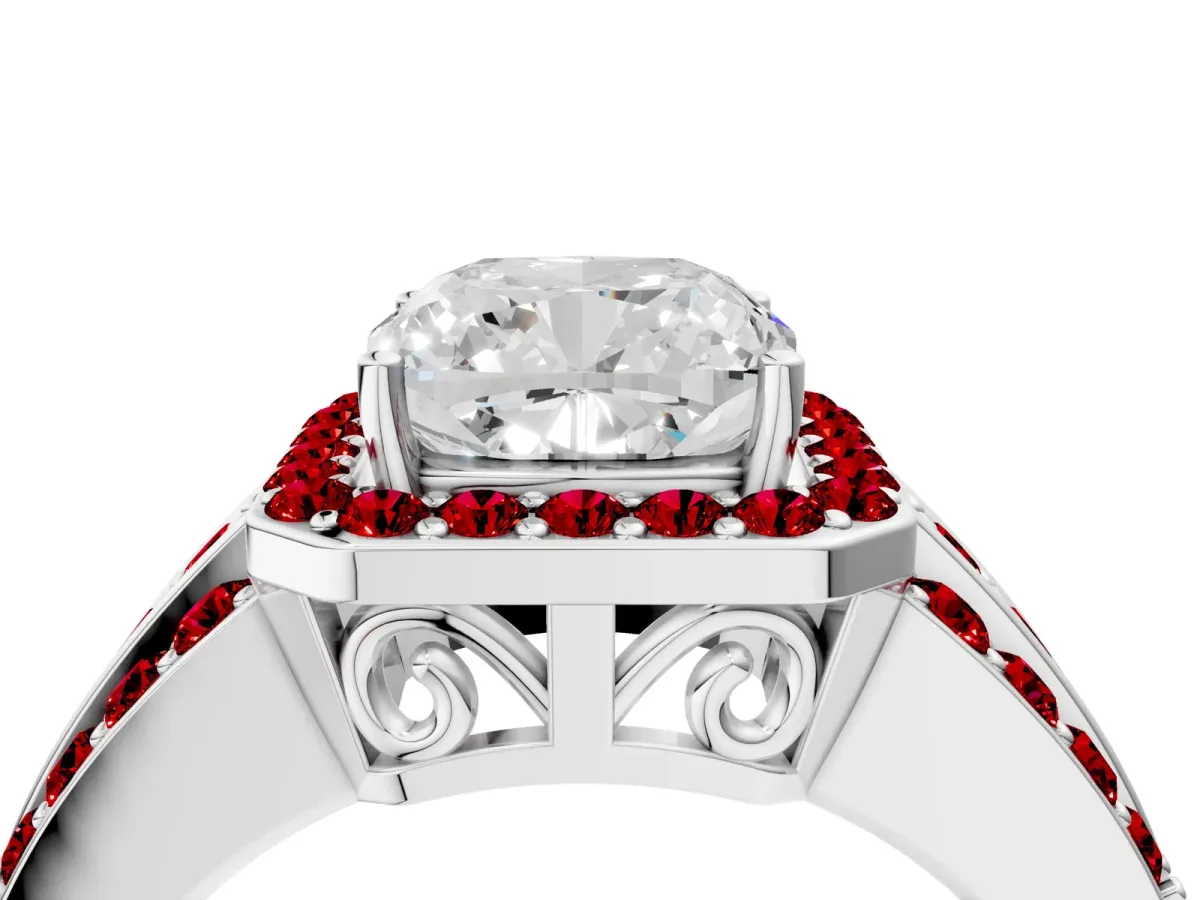 Cushion Cut Halo Diamond Ring with Round Ruby Split Shank and Prong Setting Platinum