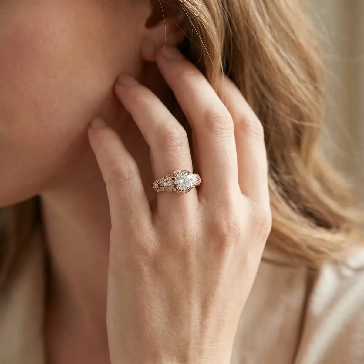 Vintage Milgrain Round Cut Diamond Split Shank Ring with Prong Setting Rose gold