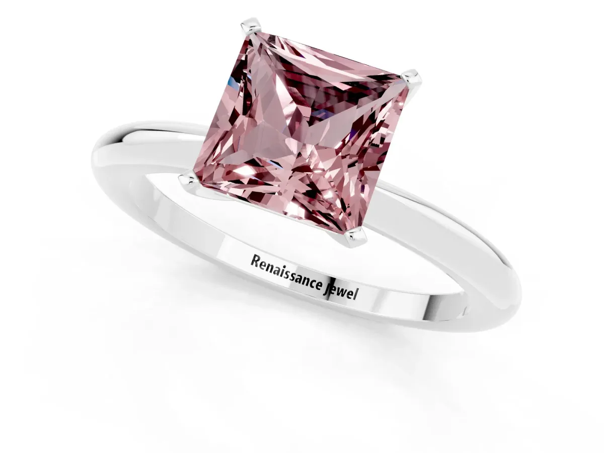 Princess Cut Morganite Solitaire Ring with Six-Prong Setting and Classic Band Silver