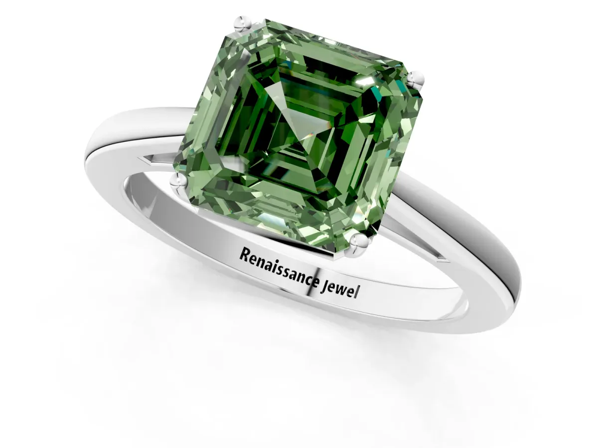 Fancy Green Asscher Cut Solitaire Diamond Ring with Split Shank and Four-Prong Setting Platinum
