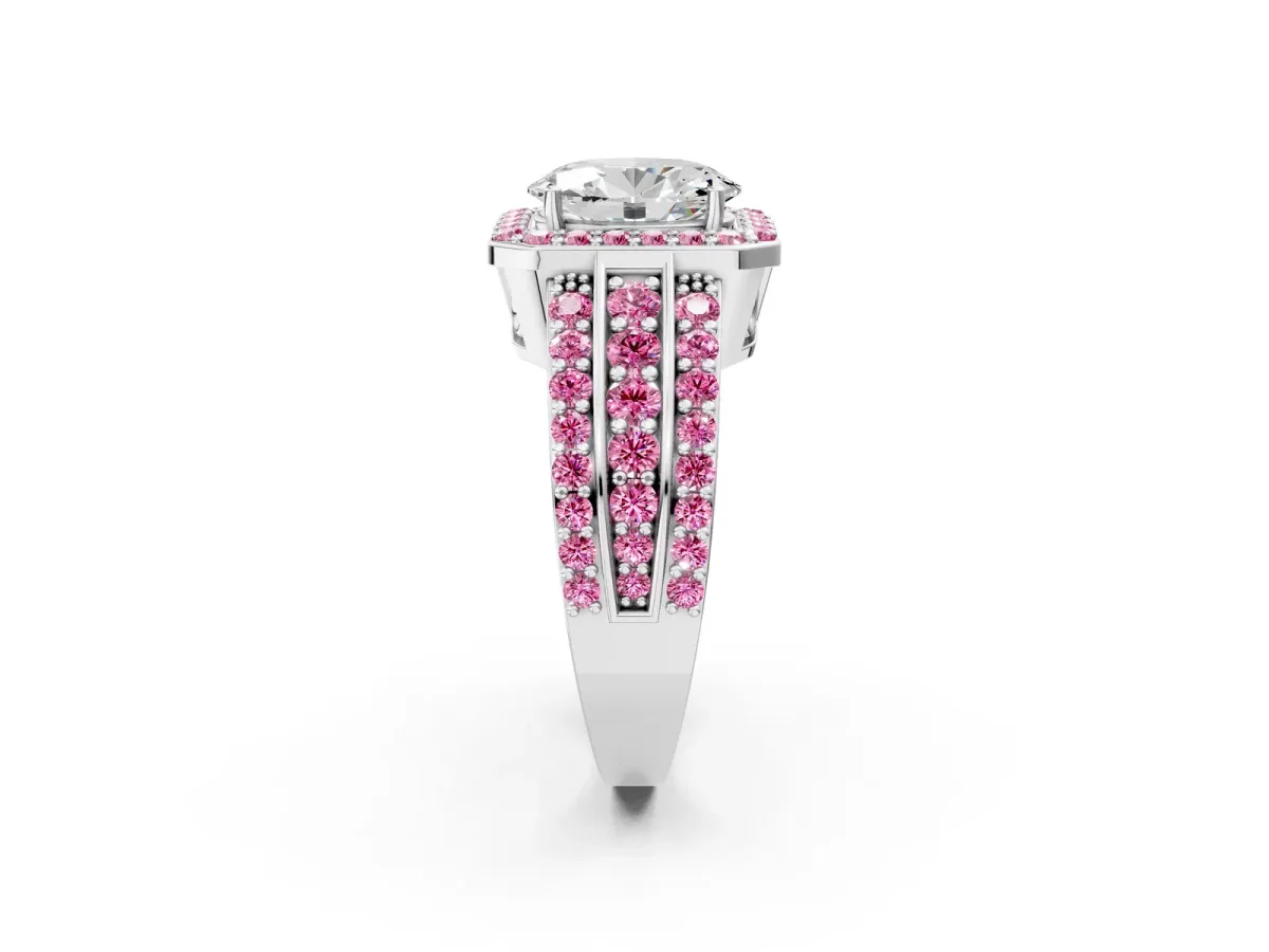 Oval Cut Halo Diamond Ring with Round Pink Sapphire Split Shank and Prong Setting Silver
