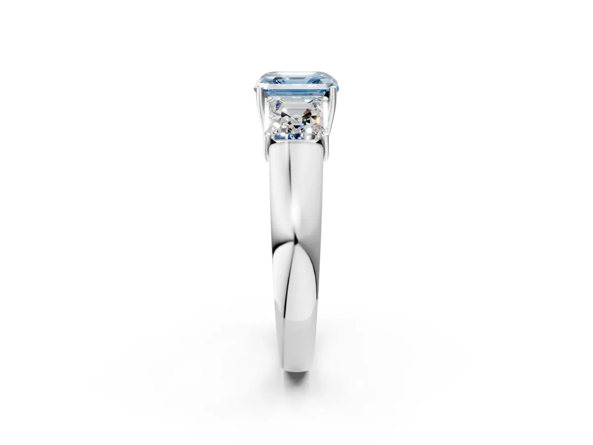 Fancy Blue Three-Stone Asscher Cut Cut Diamond Ring with Prong Setting and Classic Band Platinum