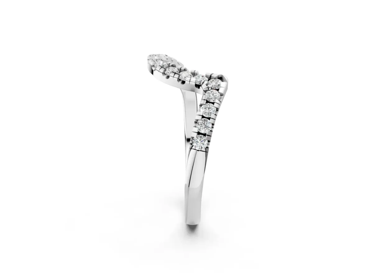 Round Diamond Pavé V-Shaped Contour Band with Shared Prong Setting Silver