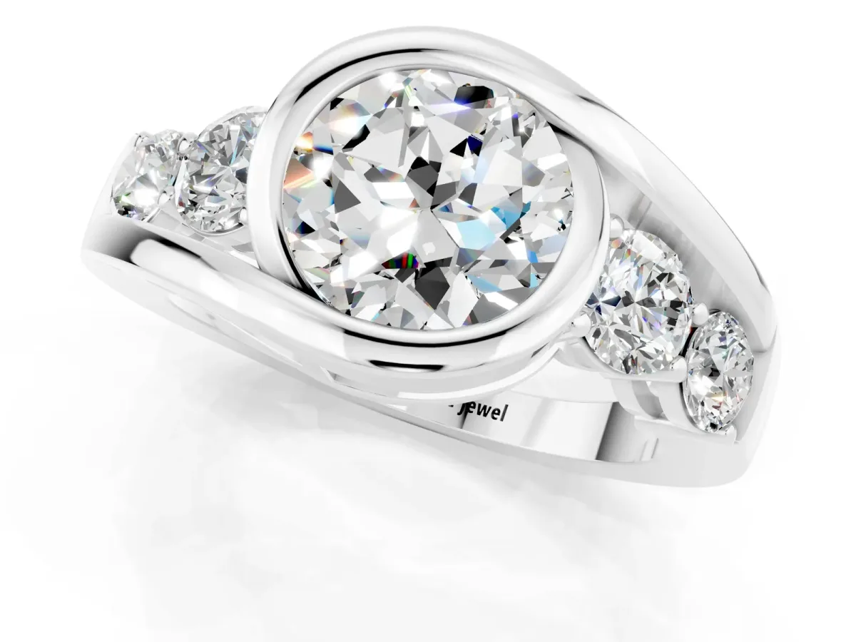 Bezel Set Round Cut Moissanite Bypass Ring with Round Accents Silver