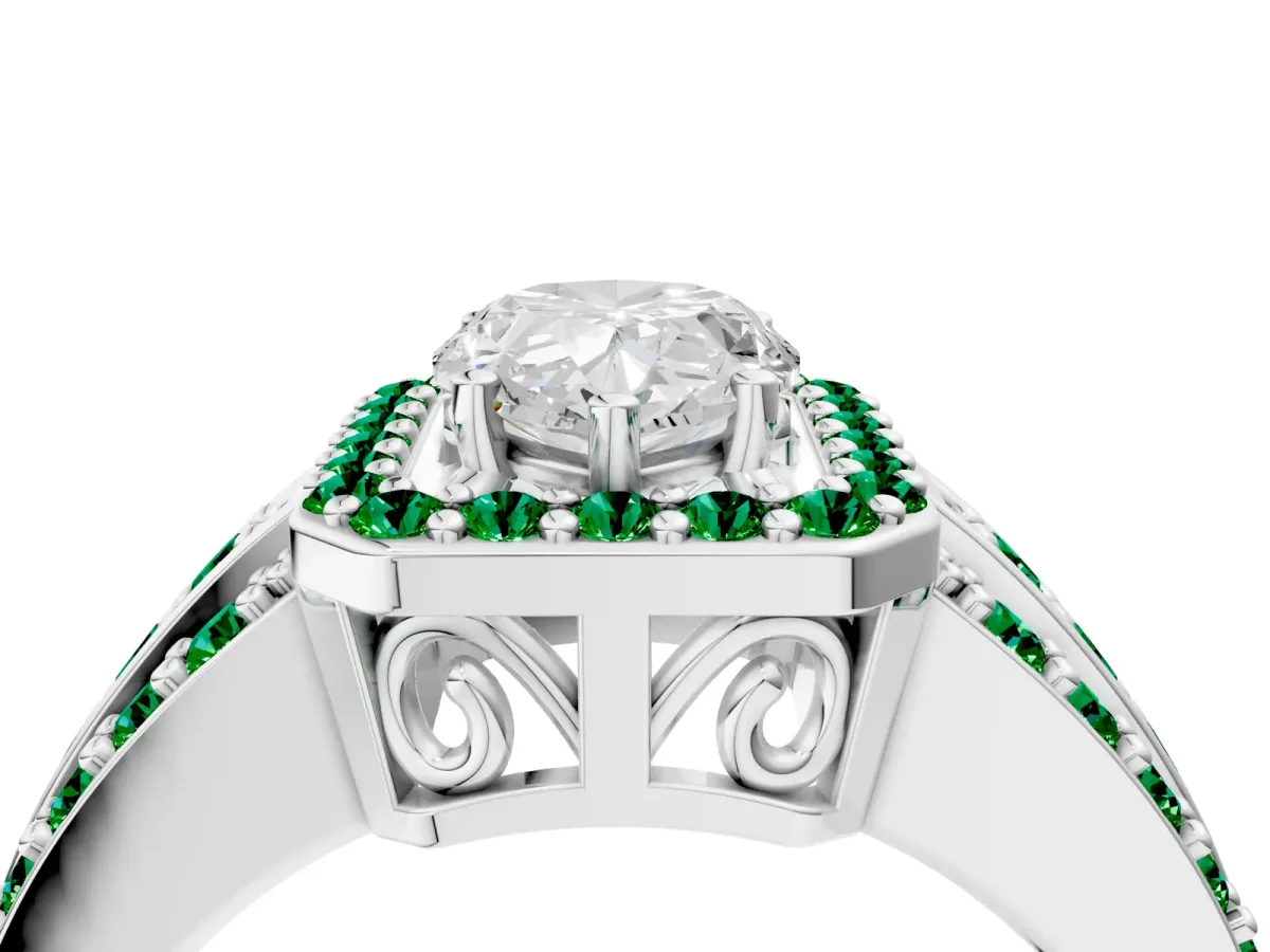 Pear Cut Halo Diamond Ring with Round Emerald Split Shank and Prong Setting White gold