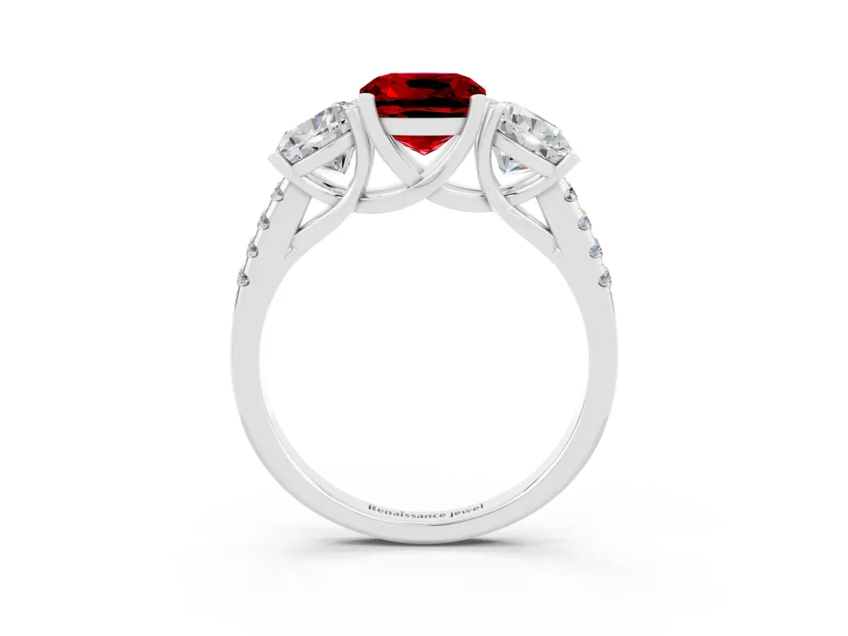Three-Stone Cushion Cut Ruby Ring with Round Pavé Band and Prong Setting White gold