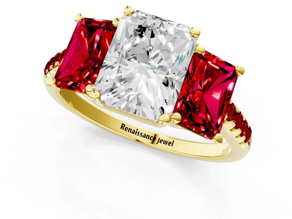 Three-Stone Radiant Cut Diamond Ring with Round Ruby Pavé Band and Prong Setting Yellow gold