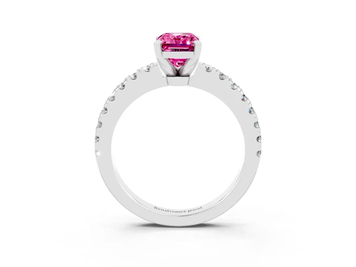 Emerald Cut Solitaire Pink Sapphire with Pavé Band and Four-Prong Setting Silver
