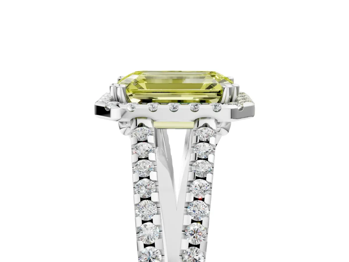 Fancy Yellow Emerald Cut Diamond Halo Split Shank Engagement Ring Platinum