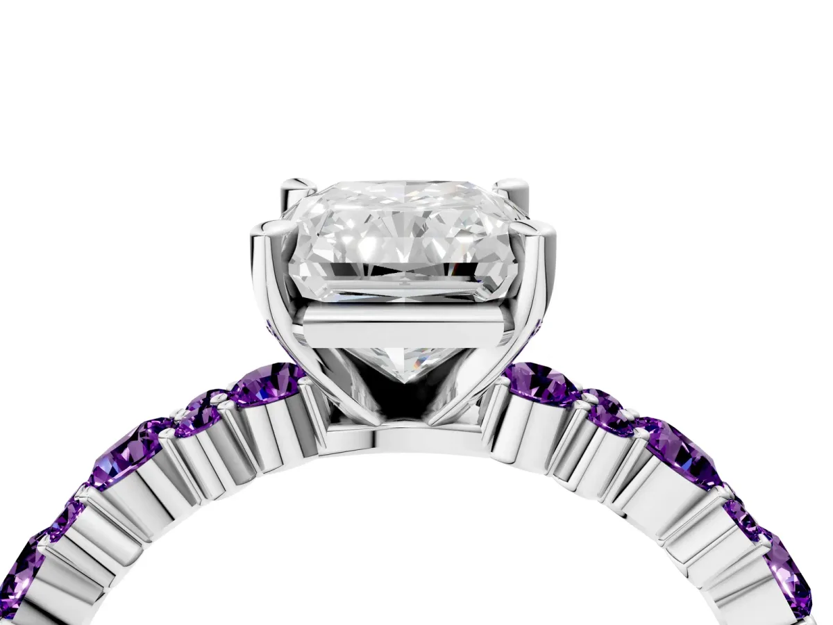 Radiant Cut Diamond Side Stone Solitaire Ring with Round Amethyst and Four-Prong Setting Platinum