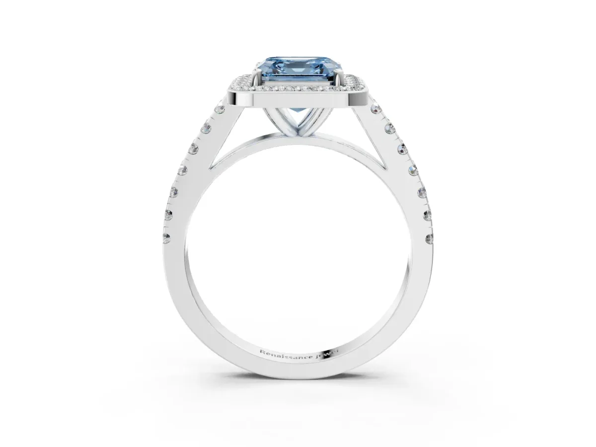 Fancy Blue Asscher Cut Diamond Halo Ring with Round Pavé Split Shank and Prong Setting Platinum