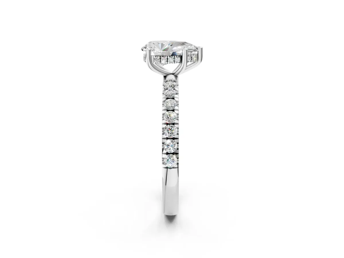 Pear Cut Diamond Pave Band Solitaire Ring with Round and Prong Setting Platinum