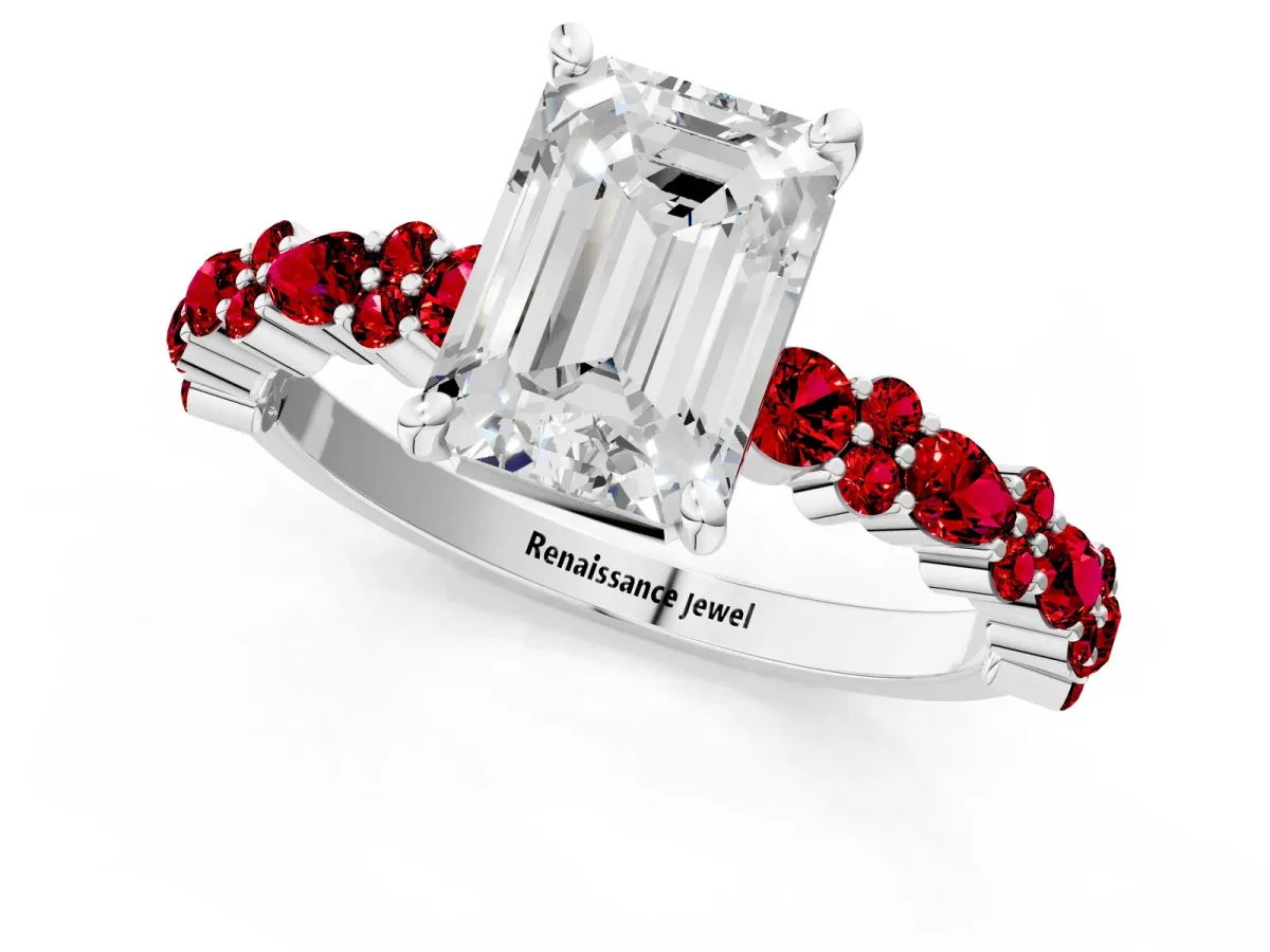 Emerald Cut Diamond Side Stone Solitaire Ring with Round Ruby and Four-Prong Setting White gold