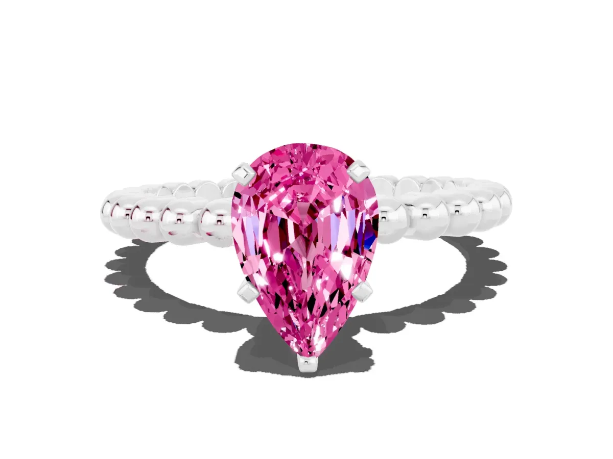Pear Cut Pink Sapphire Solitaire Ring with Beaded Band and Prong Setting Silver