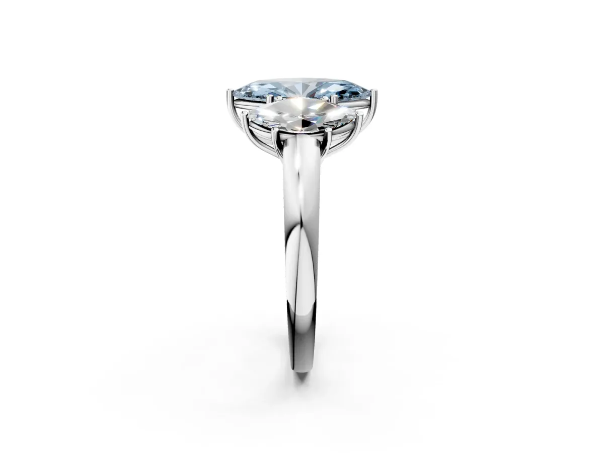 Fancy Blue Marquise Cut Diamond Three-Stone Ring with Four-Prong Setting and Classic Band Platinum