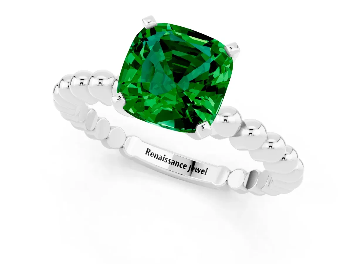 Cushion Cut Emerald Solitaire Ring with Beaded Band and Prong Setting Platinum