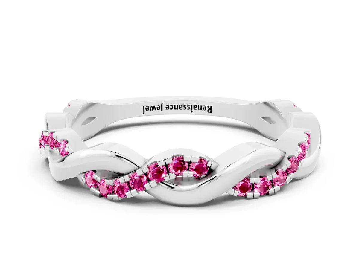 Round Pink Sapphire Twist Eternity Band with Pavé Setting Platinum