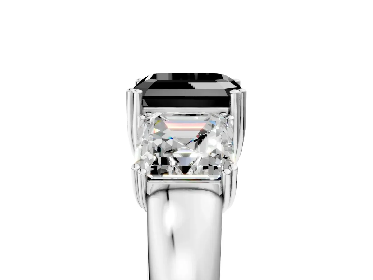 Fancy Black Three-Stone Asscher Cut Cut Diamond Ring with Channel Set Band and Four-Prong Setting Silver