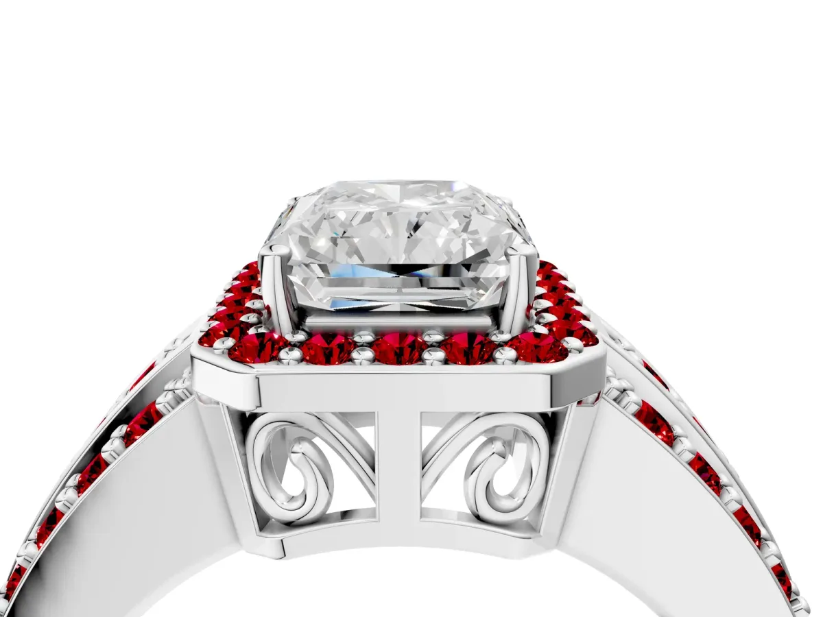 Radiant Cut Halo Diamond Ring with Round Ruby Split Shank and Prong Setting Silver