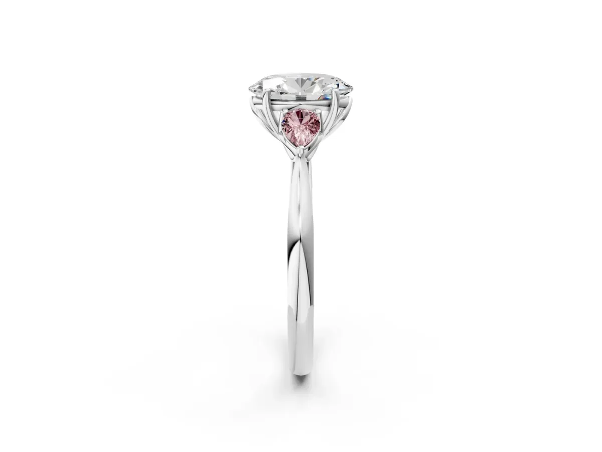 Oval Cut Diamond Three-Stone Ring with Pear Morganite Side Stones and Prong Setting Silver