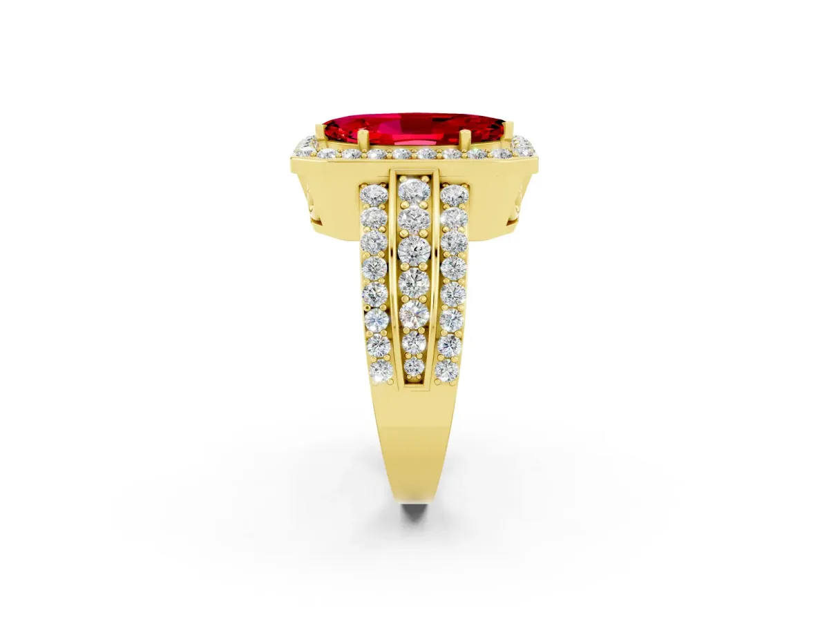 Marquise Cut Halo Ruby Ring with Round Split Shank and Prong Setting Yellow gold