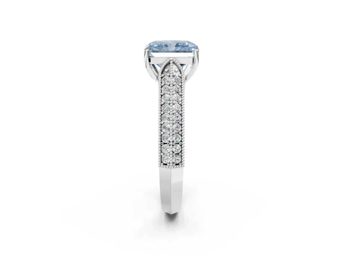 Fancy Blue Radiant Cut Cut Pave Split Shank Engagement Ring with Four-Prong Setting Platinum