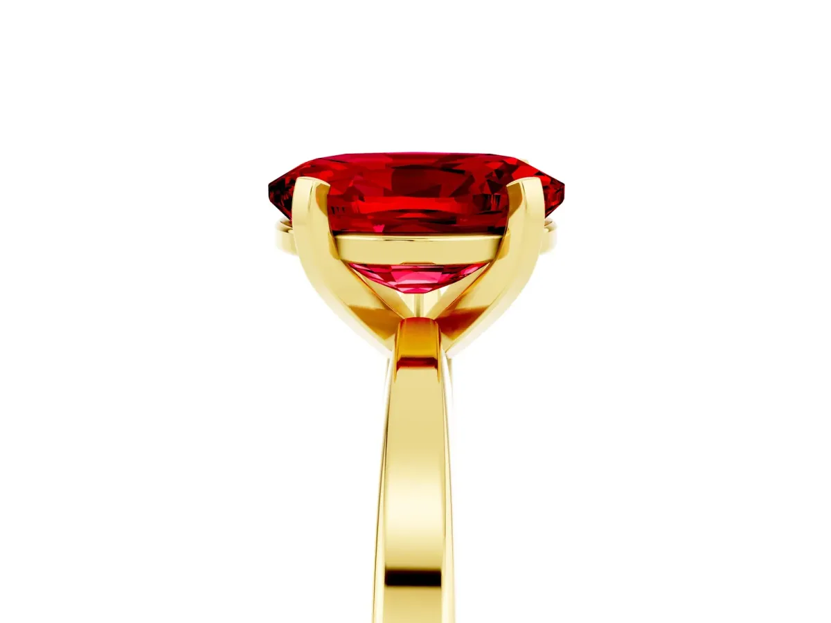 Oval Cut Ruby Solitaire Engagement Ring with Classic Band and Four-Prong Setting Yellow gold