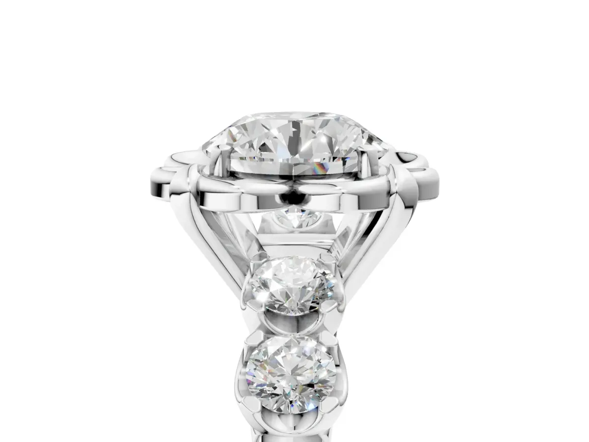 Round Cut Cut Diamond Floral Halo Engagement Ring with Shared Prong Setting Platinum