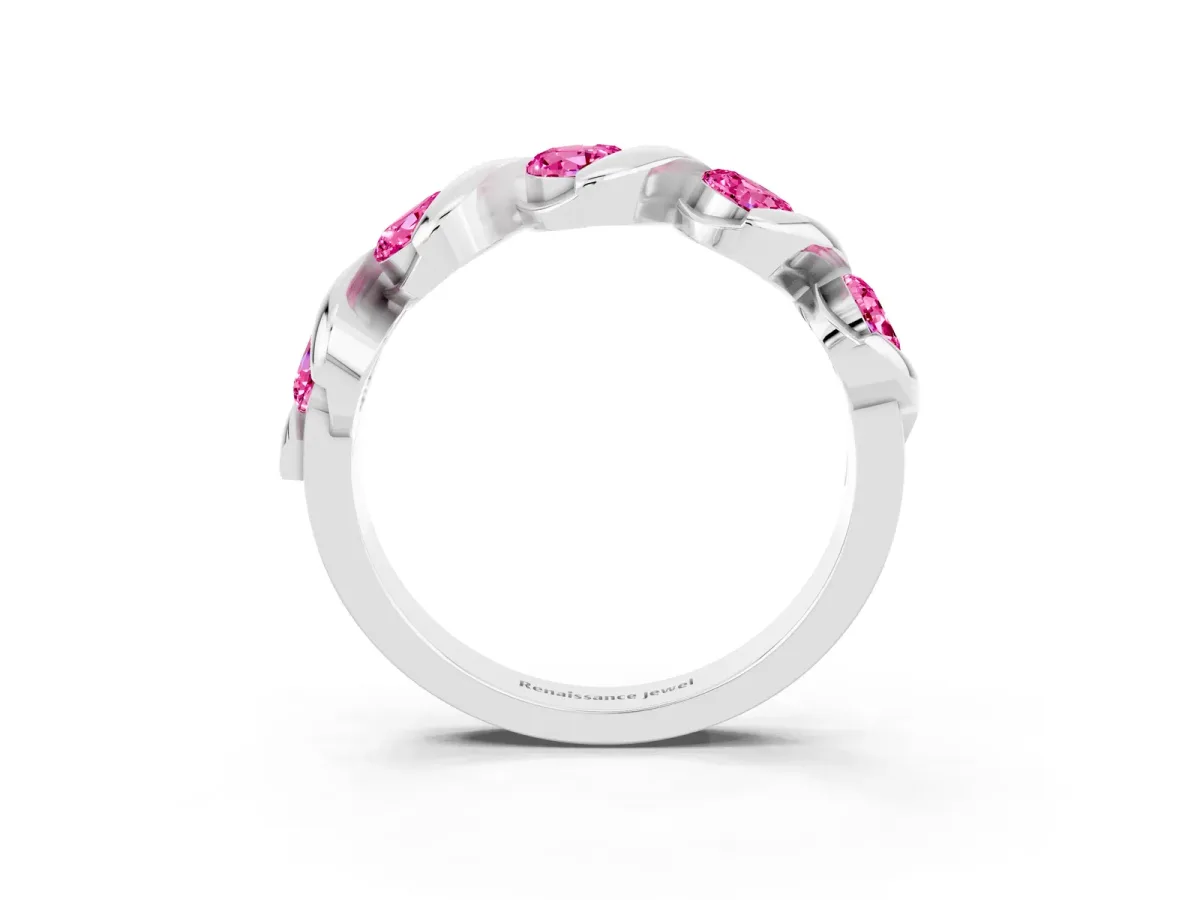 Round Pink Sapphire Wave Band with Channel Setting and Shared Prongs Platinum