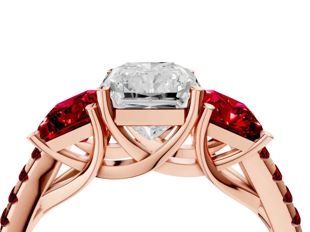 Three-Stone Radiant Cut Diamond Ring with Round Ruby Pavé Band and Prong Setting Rose gold