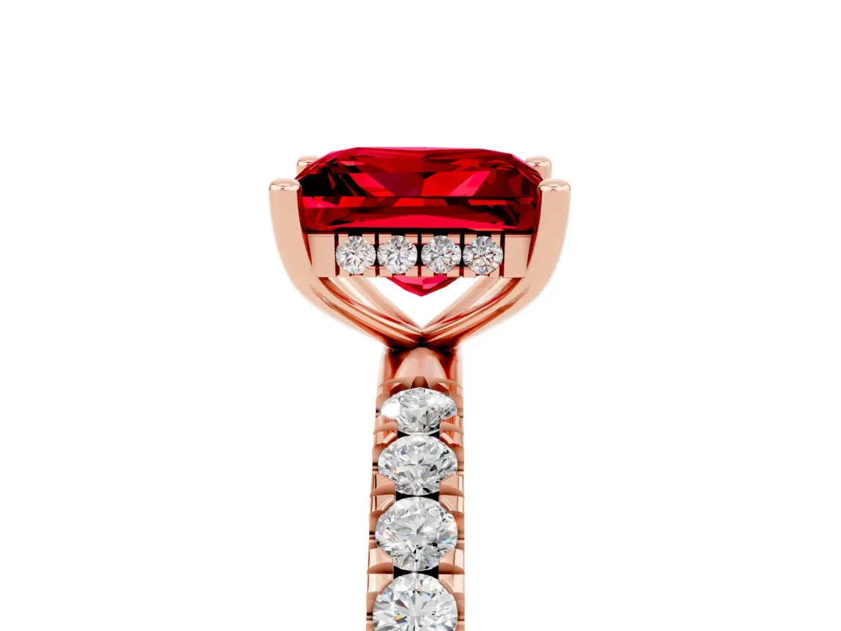 Princess Cut Ruby Pave Band Solitaire Ring with Round and Prong Setting Rose gold