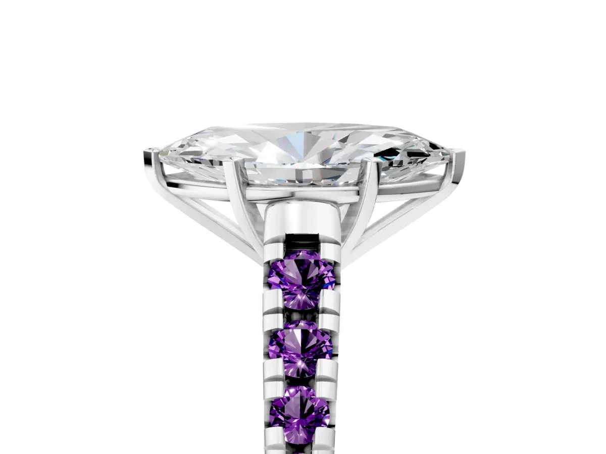 Marquise Cut Diamond Cathedral Solitaire Ring with Round Amethyst Pavé Band Silver