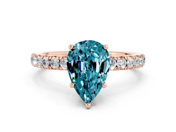 Pear Cut Blue Topaz Pave Band Solitaire Ring with Round and Prong Setting Rose gold